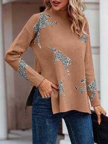 SHEIN LUNE 豹纹图案落肩开衩下摆针织套头衫秋冬毛衣 - 橘色 - 查看 4