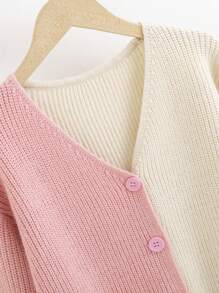 SHEIN Tween Girl Two Tone Drop Shoulder Open Knit Detail Cardigan - Pink - View 6