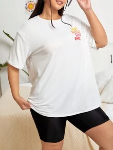 SHEIN Qutie Talla grande Camiseta de hombros caídos con estampado de slogan - Blanco - Ver 4