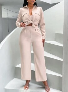 SHEIN Slayr Solid Button Front Shirt & Crop Cami Top & Pants - Apricot - View 7