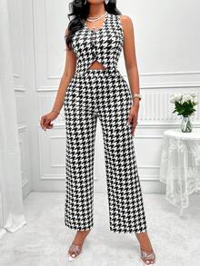 SHEIN Slayr Random Houndstooth Print Blazer & Vest & Wide Leg Pants - Black and White - View 4