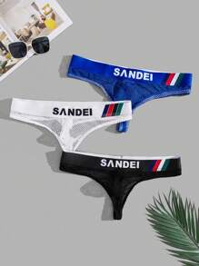 Men 3pcs Letter Graphic Mesh Thongs Sexy Underwear - Multicolor - View 1