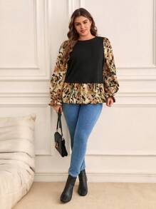 SHEIN Frenchy 大碼圖案印花荷葉袖假兩件襯衫 - 彩色 - 查看 6