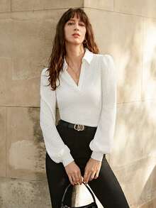 SHEIN Frenchy Chất rắn Tay áo lồng đèn Áo thun - trắng - Xem 5