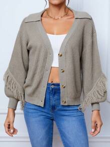 SHEIN Tall Fringe Trim Drop Shoulder Button Front Cardigan - Grey - View 4
