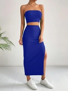 SHEIN Essnce 素色抹胸上衣&高衩半身裙