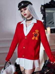 SHEIN Unity Họa tiết gấu Nút phía trước Áo len Mở - Đỏ - Xem 6