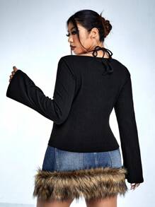 SHEIN ICON Plus Tie Back Halter Neck Tee - Black - View 7