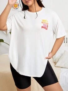 SHEIN Qutie Talla grande Camiseta de hombros caídos con estampado de slogan - Blanco - Ver 3
