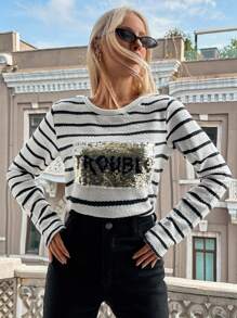 RueChic Pull À Rayures & Motif Lettre À Sequins Ourlet Incurvé