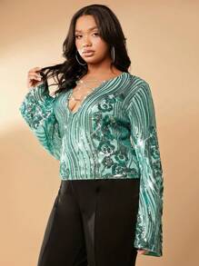 SHEIN SXY Plus Floral Sequin V-Neck Lace-Up Top New Years Women Christmas - Green - View 4