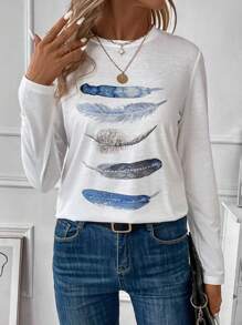 Calvaya Feather Print Round Neck Tee Graphic Tees Women Tops Fall Cloth For Women