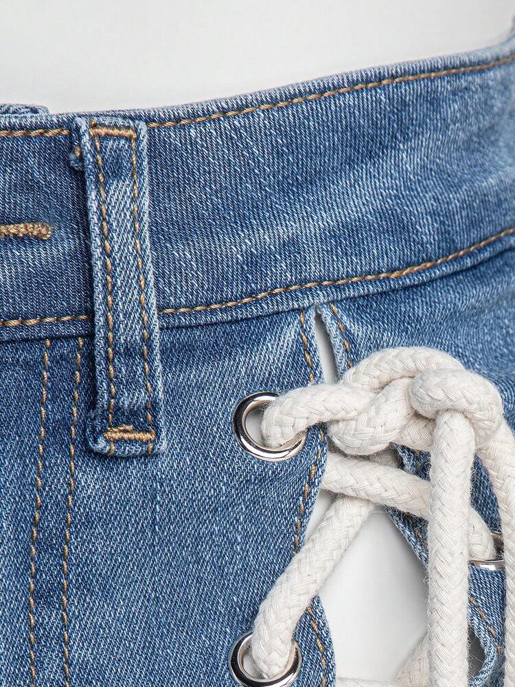 Fashion Lace Up Contrast Denim Shorts