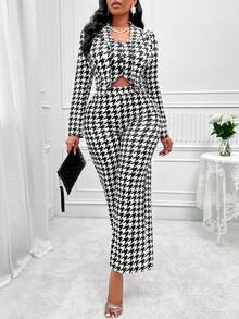 SHEIN Slayr Random Houndstooth Print Blazer & Vest & Wide Leg Pants - Black and White - View 6