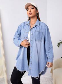 SHEIN EZwear Hơn Đã vá Túi Cắt Thô Curved Hem Áo denim - Màu xanh lam - Xem 6