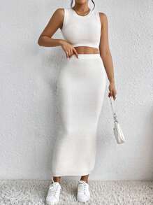 SHEIN Privé Chất rắn Crop Tank Top & Váy dệt kim - Màu be - Xem 4