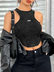 SHEIN Coolane 字母補丁細節弧形下擺背心上衣 - 黑色 - 查看 3