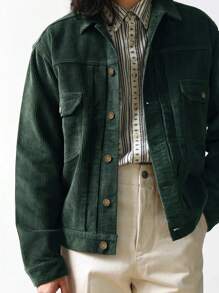 Manfinity Homme Men Flap Pocket Corduroy Jacket - Dark Green - View 5