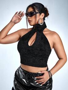 SHEIN ICON Hơn 	
Fuzzy Cắt ra Halter Neck Knit ngọn - màu đen - Xem 5