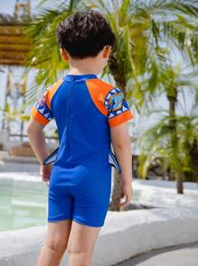 Young Boy Cartoon Graphic Raglan Sleeve One Piece Swimsuit - Royal Blue - View 2