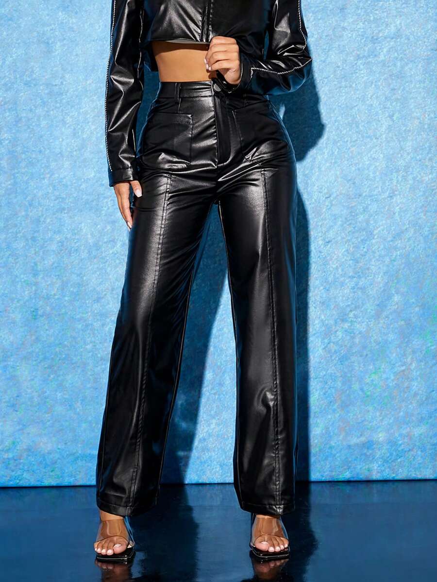 SHEIN PETITE 接縫細節PU皮革長褲 - 黑色 - 查看 1