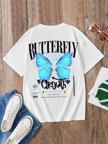 SHEIN ModeFlare Wear Teen Girls Butterfly & Slogan Graphic Tee - White - View 1