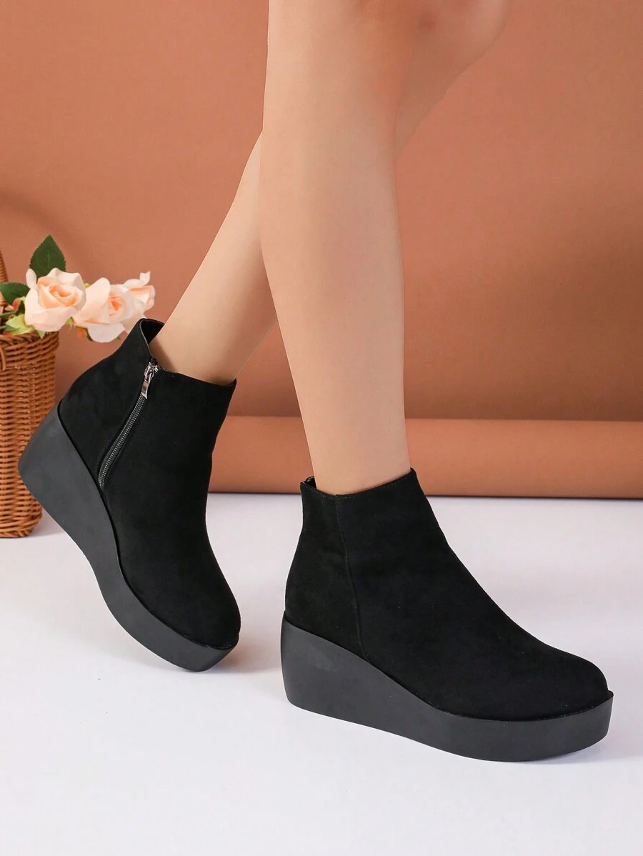 Women's Wedge Heel Platform Boots - Black - View 1