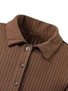 SHEIN Tween Girl Cold Shoulder Button Front Rib-knit Unitard Romper Without Bag - Khaki - View 7