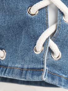 Denimoi 时尚系带撞色牛仔短裤 - 中等水洗藍 - 查看 7