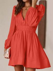 Plunging Neck Lantern Sleeve Ruched Waist Dress - Orange - View 1