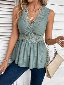 SHEIN Frenchy Contrast Lace Peplum Tank Top - Mint Green - View 5