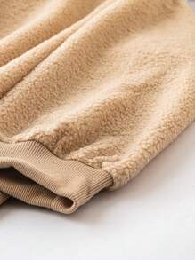 SHEIN LUNE Plus Size Solid Hooded Teddy Sweatshirt Pullover Fall Sweatshirt - Khaki - View 4