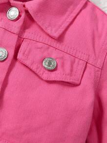 SHEIN 年轻女孩 Y2K 都市多巴胺粉色纽扣紧身短款牛仔夹克和裙子两件套服装 - 玫紅色 - 查看 3