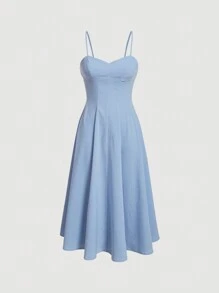 SHEIN MOD Solid Shirred Back Cami Dress Without Blouse - Blue - View 1