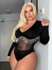 SHEIN SXY Plus Rhinestone Fringe Trim Mesh Insert Sexy Outfit Bodysuit, For Winter - Black - View 4