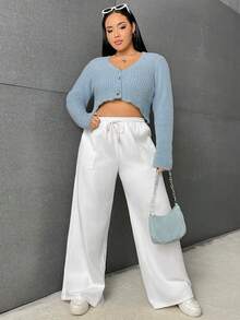 SHEIN EZwear Plus Fuzzy Ribbed Knit Crop Cardigan - Mint Green - View 7