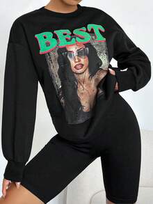 Letter & Figure Graphic Drop Shoulder Sweatshirt - Black - View 3