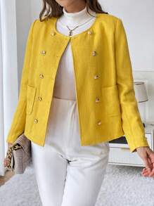 SHEIN Privé Đôi ngực Vá Túi Áo khoác - Màu vàng - Xem 5