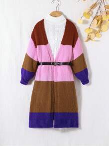 SHEIN Young Girl Color Block Drop Shoulder Duster Cardigan Without Belted and Sweater