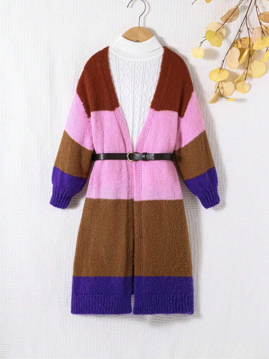 SHEIN Young Girl Color Block Drop Shoulder Duster Cardigan Without Belted and Sweater