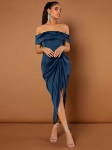 SHEIN BAE Vestido elegante de mujer con hombros descubiertos, unicolor y abertura en espiga - Azul Marino - Ver 4