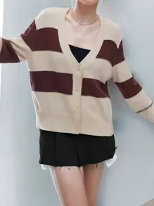 SHEIN Unity 컬러 블록 앞 버튼 가디건 - 살구색 - 보기 6