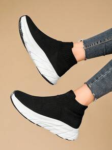 Fashionable Socks Shoes, Solid Color, Soft Sole, Unisex (for Casual Sports Wear) - Black and White - View 5