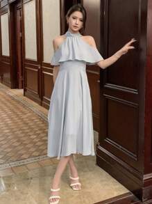 DAZY 纯色荷叶边露肩连衣裙 舞会礼服 吊带裙 婚礼礼服 优雅女士连衣裙 - 藍色 - 查看 8