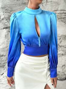 SHEIN Privé 前鏤空小高領短款襯衫 - 藍色 - 查看 1