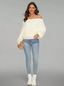 SHEIN Privé Off Shoulder tay cánh Đồ đan Ribbed Áo len - trắng - Xem 4