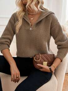 SHEIN LUNE Half Zip Drop Shoulder Sweater - Khaki - View 1