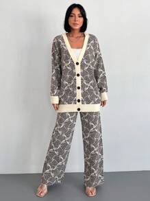 EURMUSE Allover Pattern Drop Shoulder Cardigan & Knit Pants - Beige - View 4
