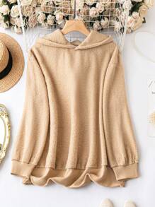 SHEIN LUNE Plus Size Solid Hooded Teddy Sweatshirt Pullover Fall Sweatshirt - Khaki - View 1