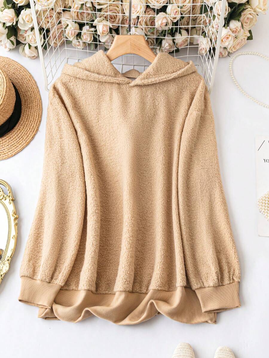 SHEIN LUNE Plus Size Solid Hooded Teddy Sweatshirt Pullover Fall Sweatshirt - Khaki - View 1